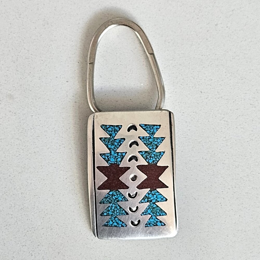 Vintage Henry Begay Navajo Sterling Silver Turquoise Coral Inlay Key Chain Ring